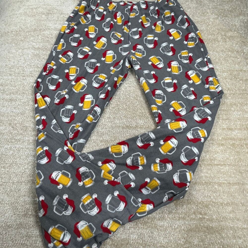 Croft & Barrow Pajama Pants Mens L Gray Beer Mug Santa Hat Fleece Lounge Cozy